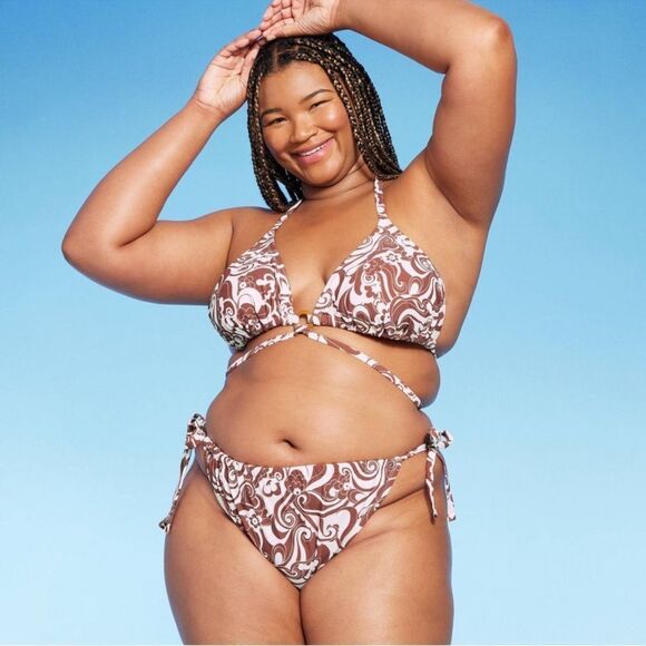 NWT Wild Fable 3X (24-26) Side-Tie Brown Swirl Pattern Bikini Swim Bottom - Picture 3 of 7